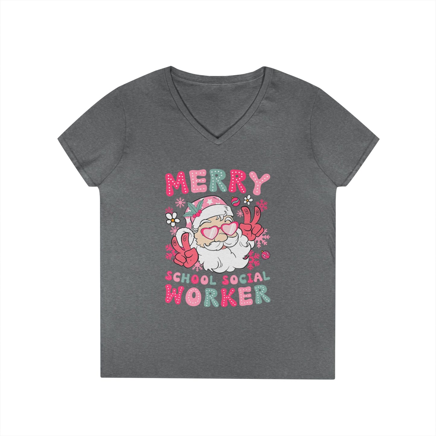 Merry School Social Worker V-Neck Tee — Cute Santa Holiday Shirt for Female Educators