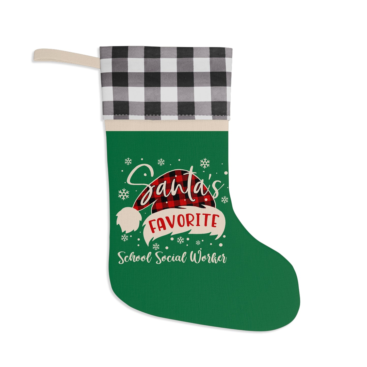 Green Buffalo Plaid Christmas Stocking – "Santa's Favorite School Social Worker"