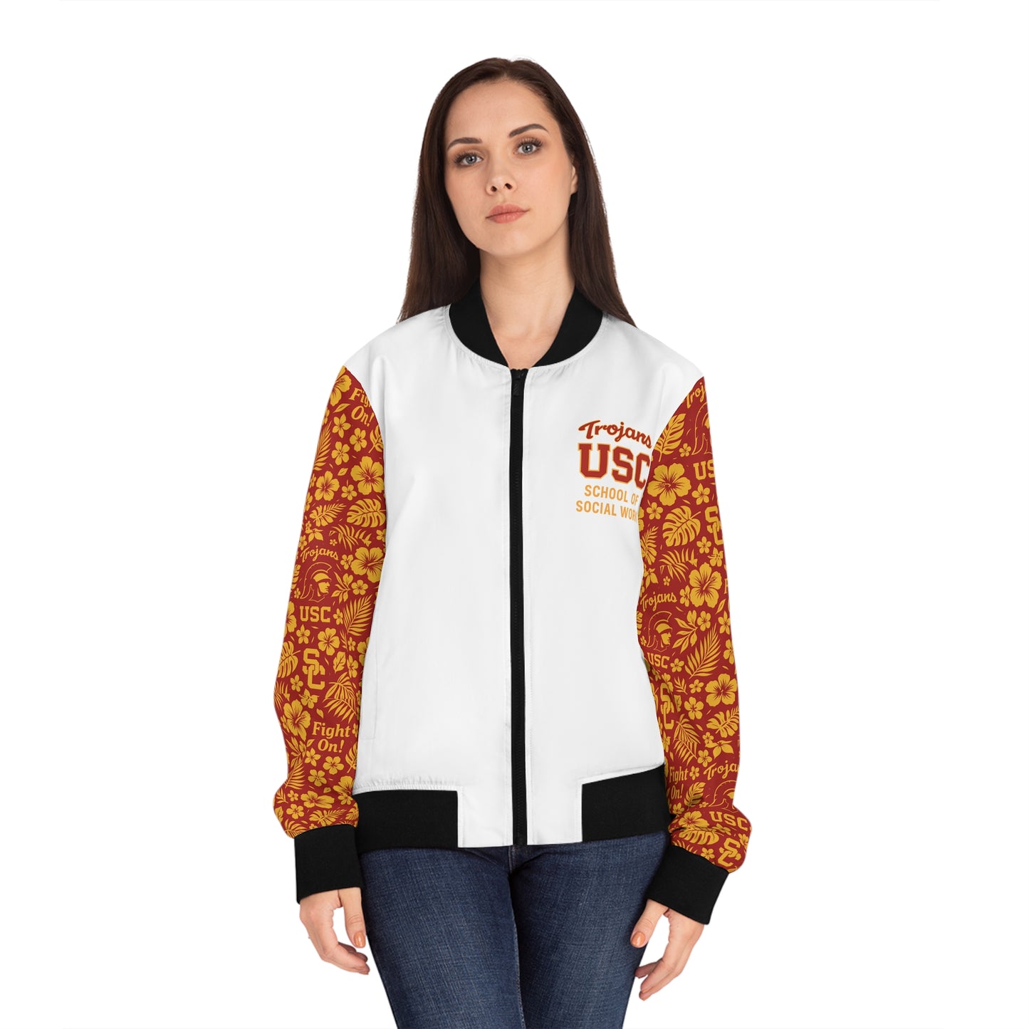 USC School of Social Work - Hawaiian Bomber Jacket (White with Cardinal Red Sleeves)