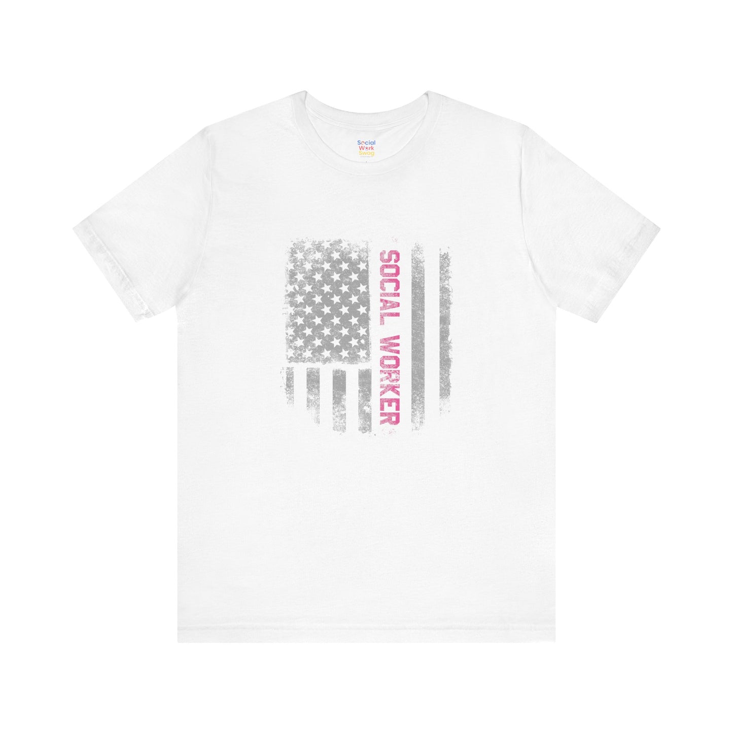 Unisex-Social Worker American Flag T-Shirt — Distressed Gray & Pink Honor Tee
