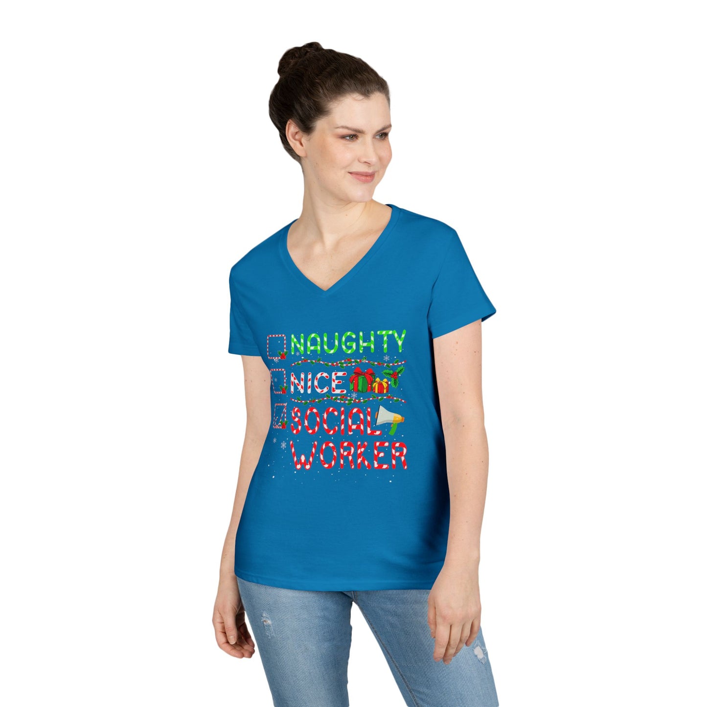 Social Worker Christmas V-Neck T-Shirt — Naughty Nice Social Worker Holiday Tee