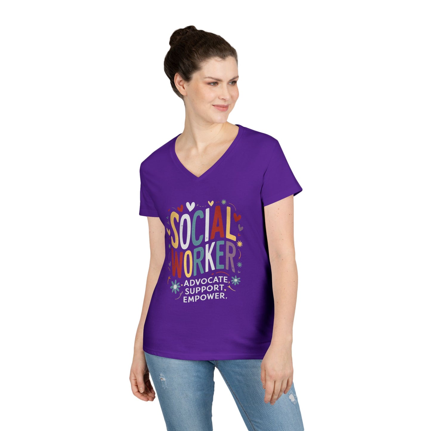 Social Worker V-Neck Tee — "Social Worker: Advocate. Support. Empower."