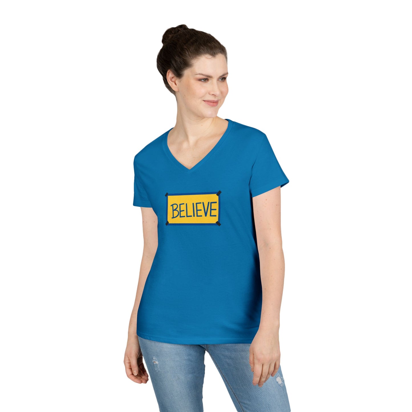 Believe Ladies' V-Neck Tee — Inspirational Graphic T-Shirt for Women (Social Worker/Mental Health)