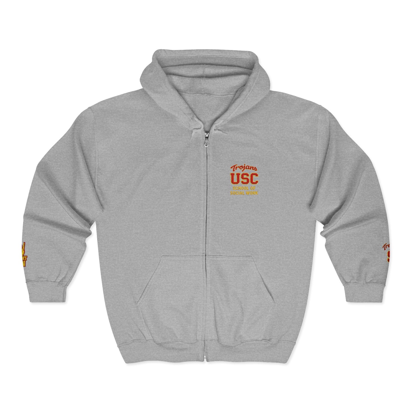 USC School of Social Work- Full-Zip Hoodie – Chest & Sleeve Logo Zip-Up Sweatshirt