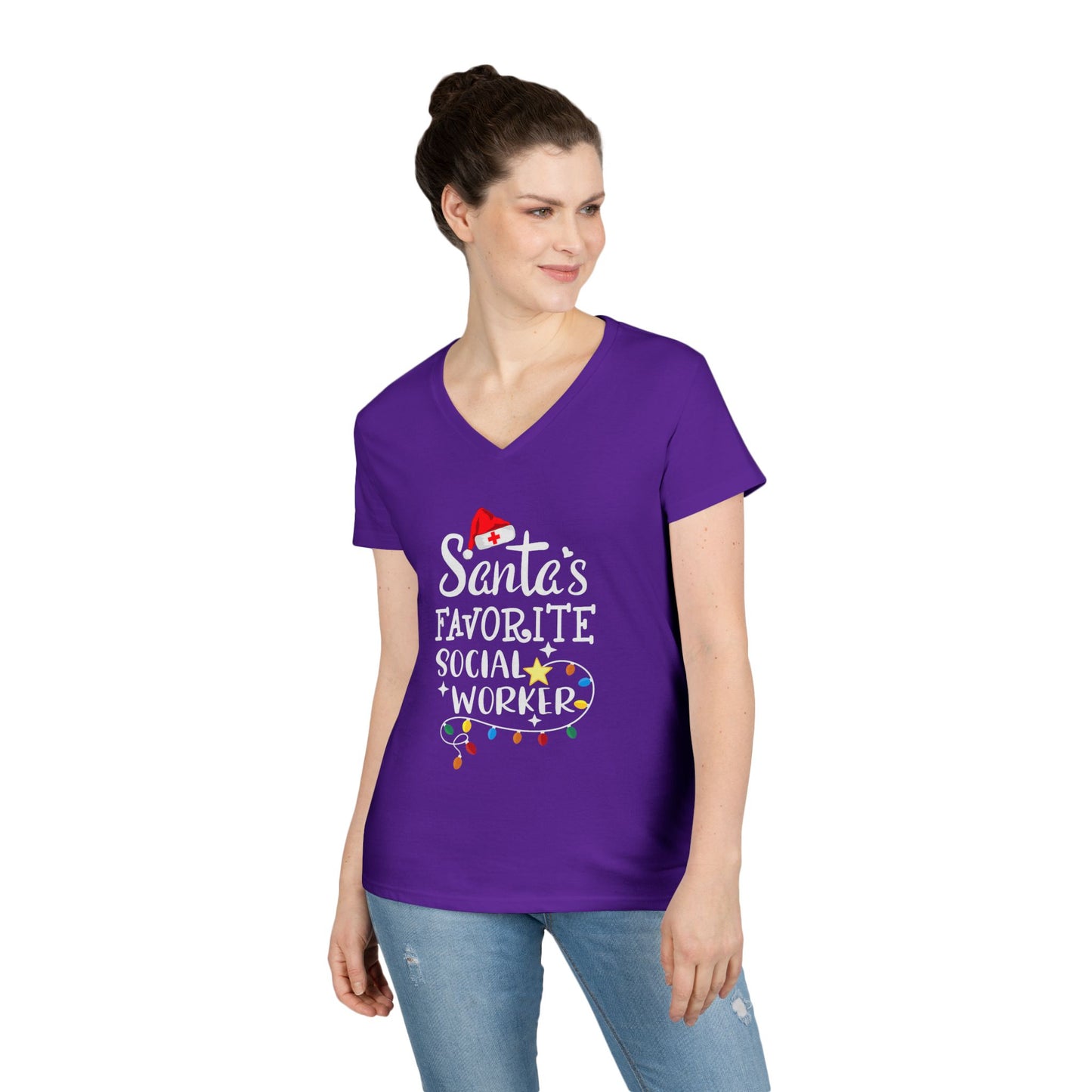Christmas V-Neck Tee — "Santa’s Favorite Social Worker" Holiday T-Shirt - Medical Social Work