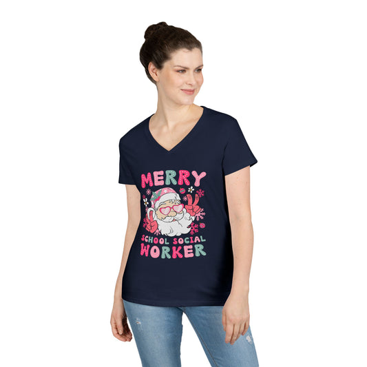 Merry School Social Worker V-Neck Tee — Cute Santa Holiday Shirt for Female Educators