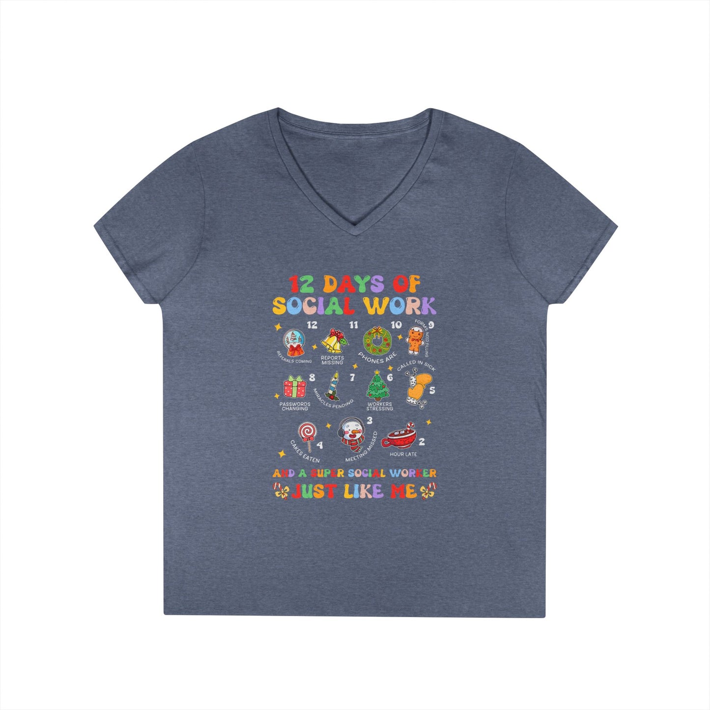 Ladies' V-Neck T-Shirt — "12 Days of Social Work" Holiday Graphic Tee