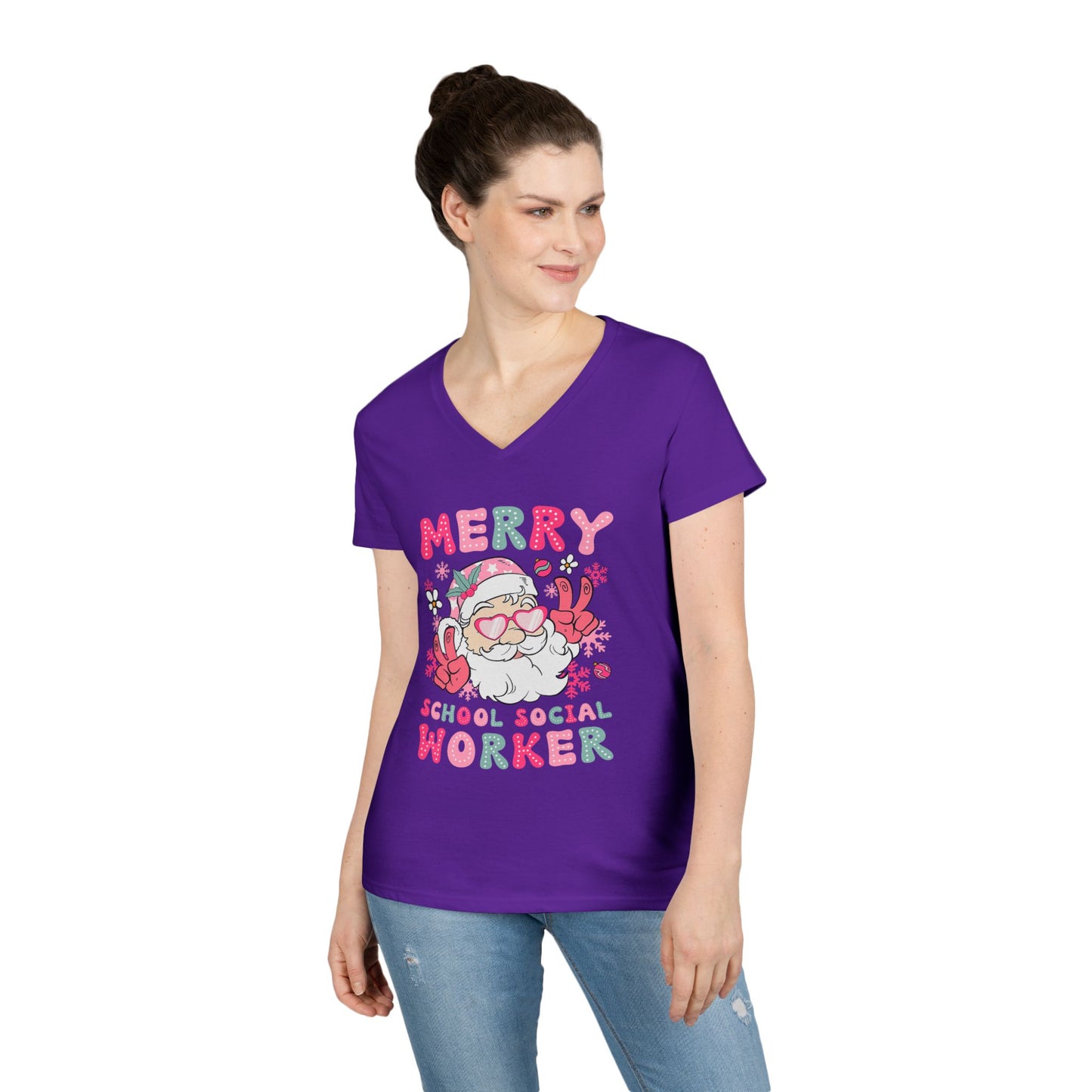 Merry School Social Worker V-Neck Tee — Cute Santa Holiday Shirt for Female Educators