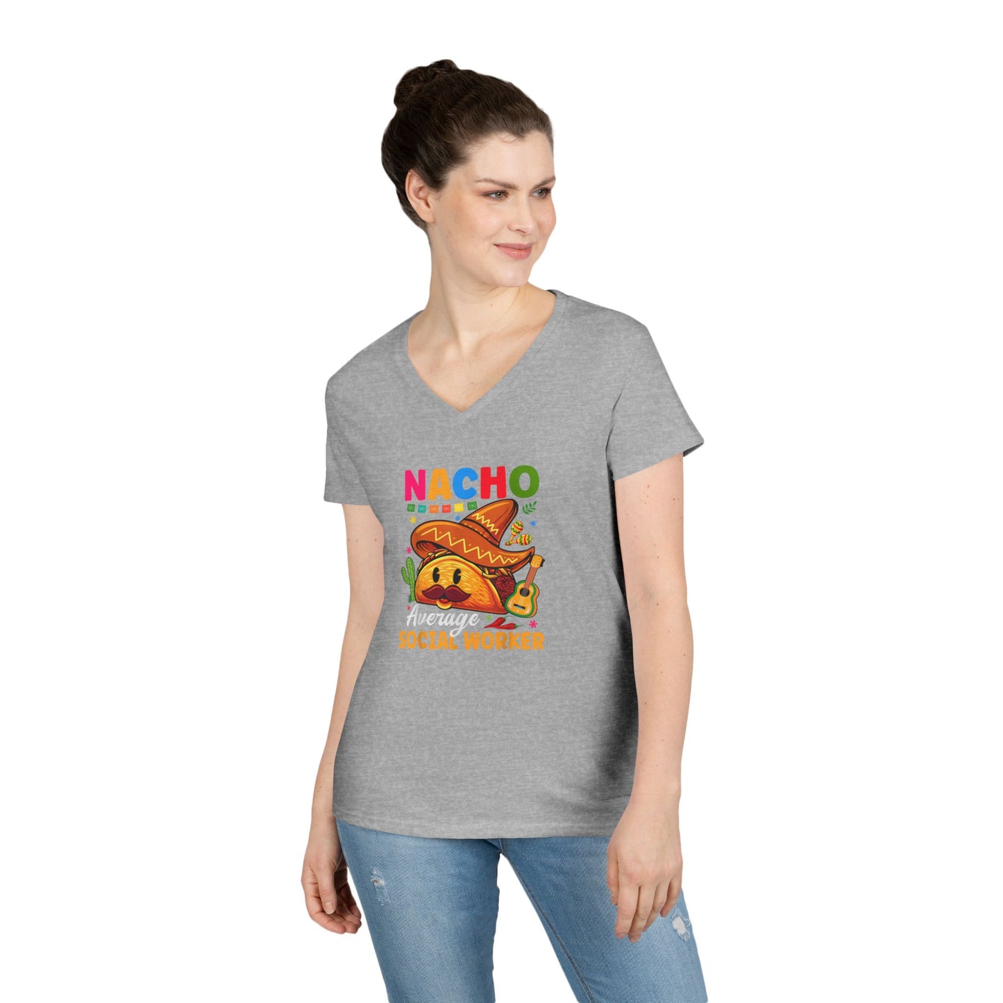 Ladies' V-Neck T-Shirt — "Nacho Average Social Worker" Funny Mexican Food Graphic Tee
