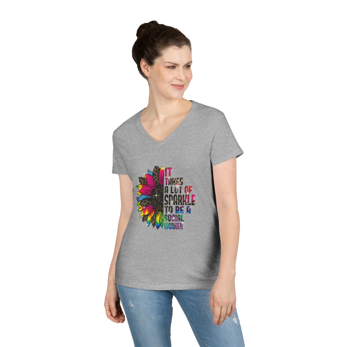 Social Worker V-Neck T-Shirt - "It Takes A Lot Of Sparkle To Be A Social Worker" Colorful Floral Design