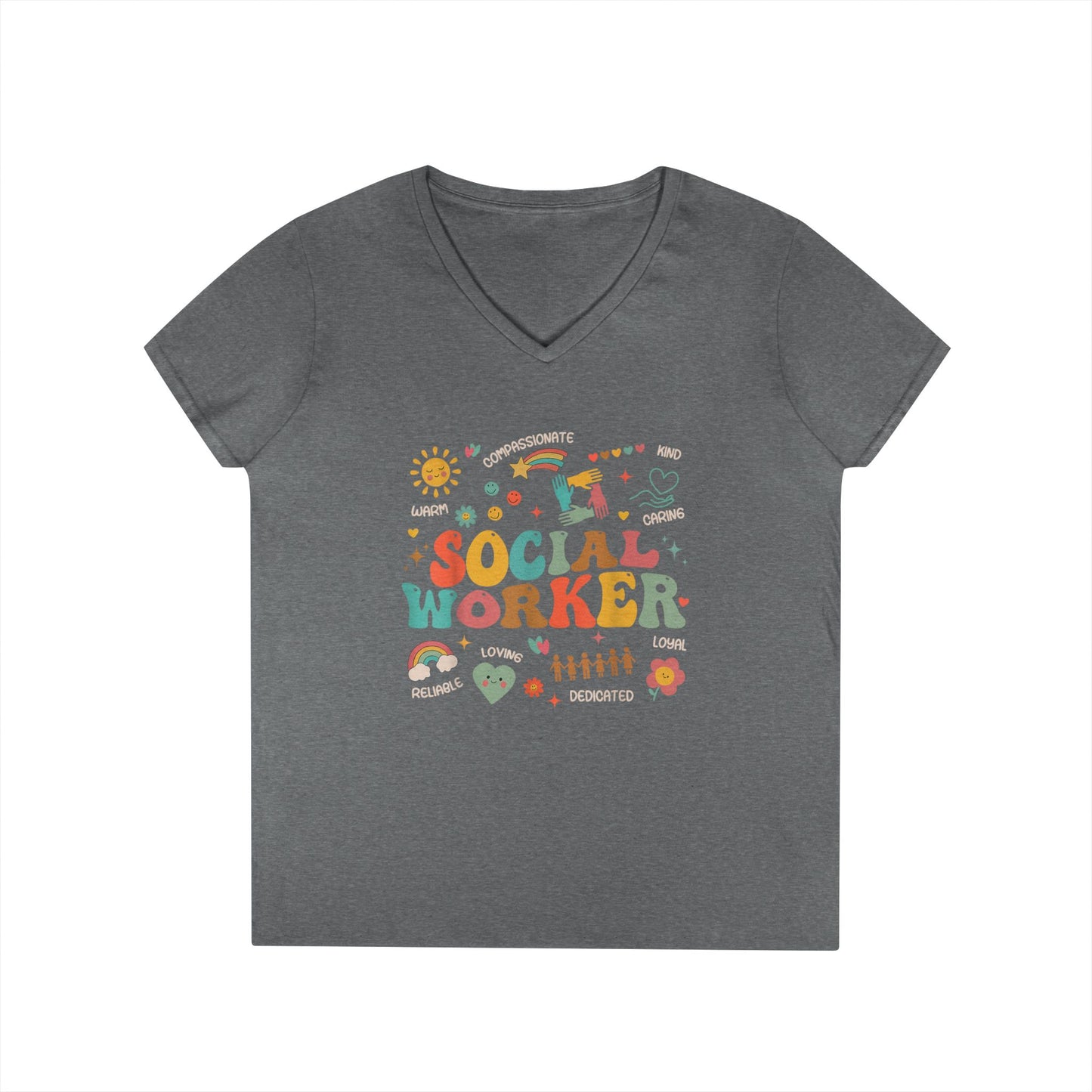 Ladies' V-Neck T-Shirt — Colorful 'October' Retro Fall Graphic Tee - Social Worker