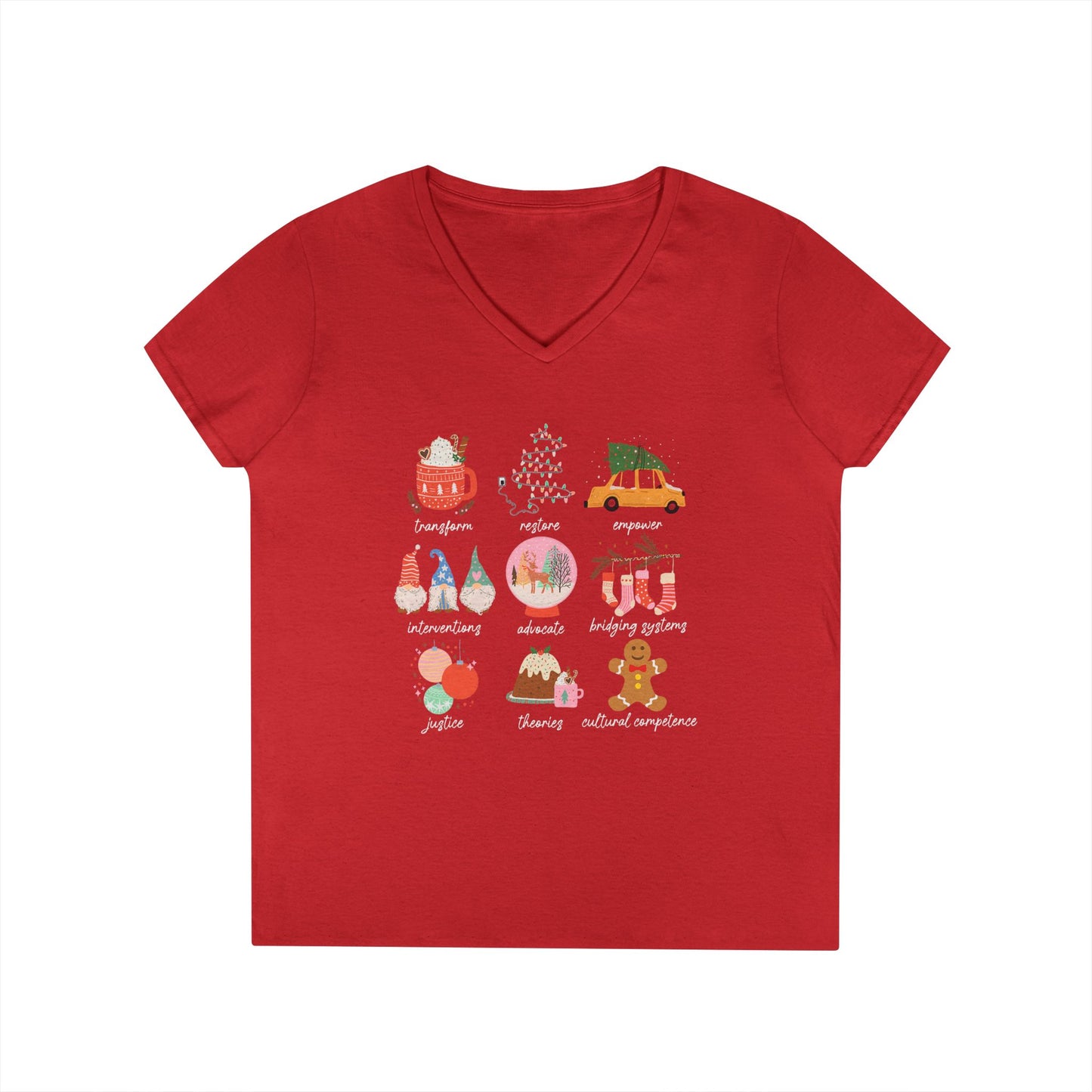 Christmas Icons Ladies' V-Neck T-Shirt — Cute Holiday Graphic Tee (Santa, Tree, Ornaments)