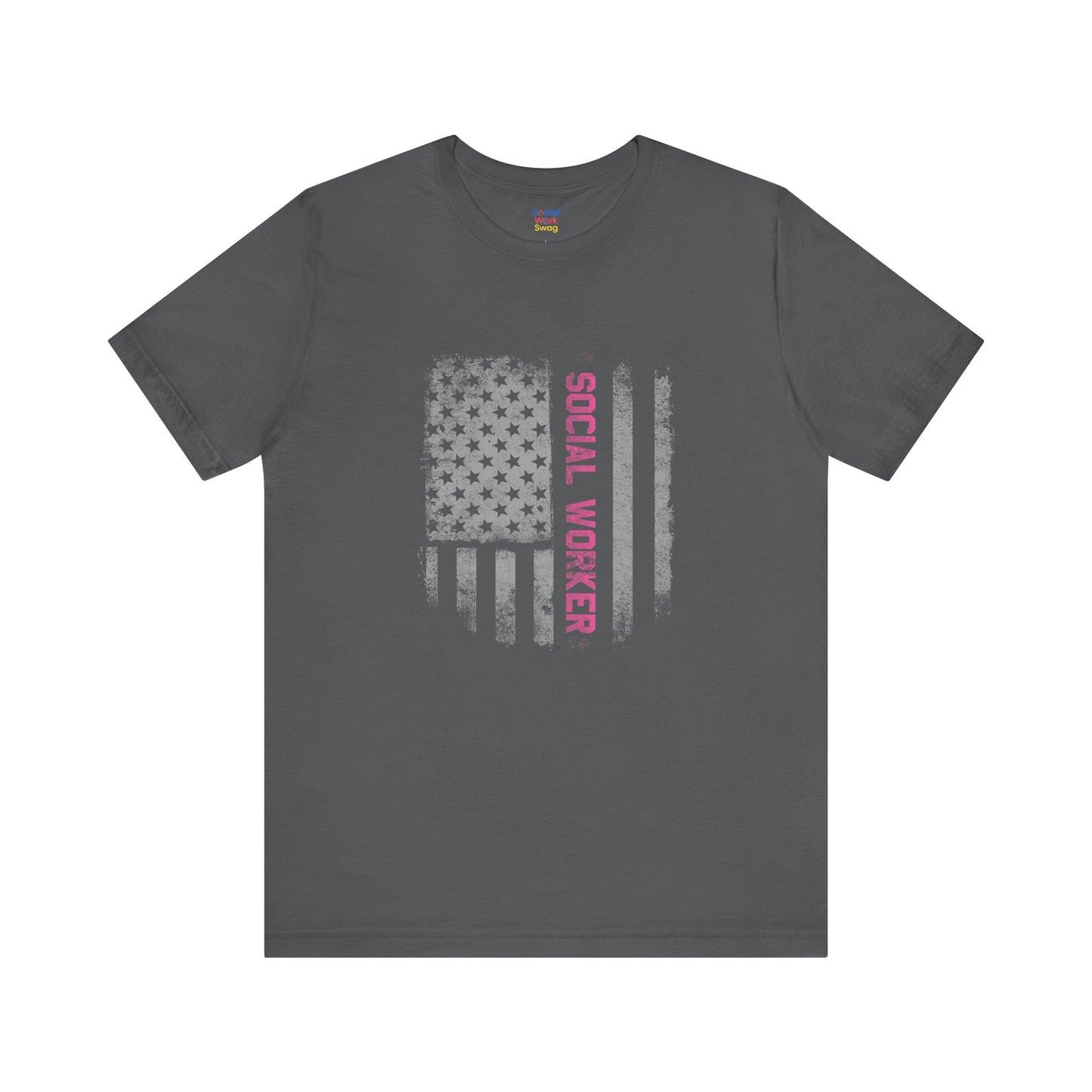 Unisex-Social Worker American Flag T-Shirt — Distressed Gray & Pink Honor Tee