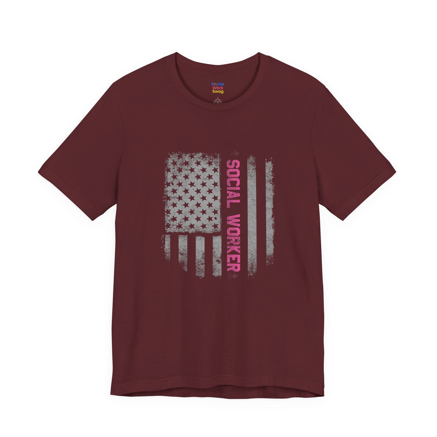 Unisex-Social Worker American Flag T-Shirt — Distressed Gray & Pink Honor Tee