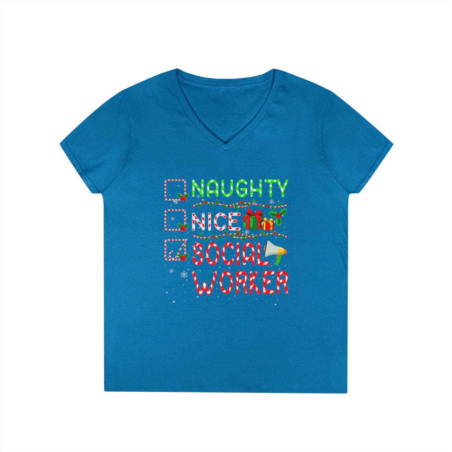 Social Worker Christmas V-Neck T-Shirt — Naughty Nice Social Worker Holiday Tee