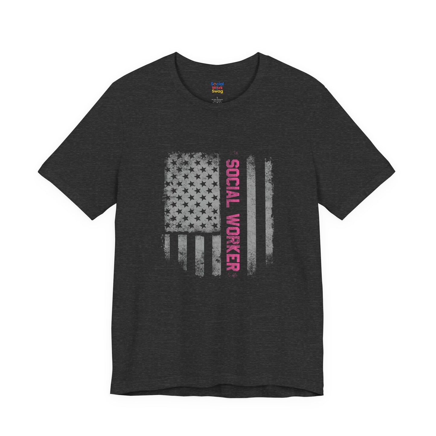 Unisex-Social Worker American Flag T-Shirt — Distressed Gray & Pink Honor Tee