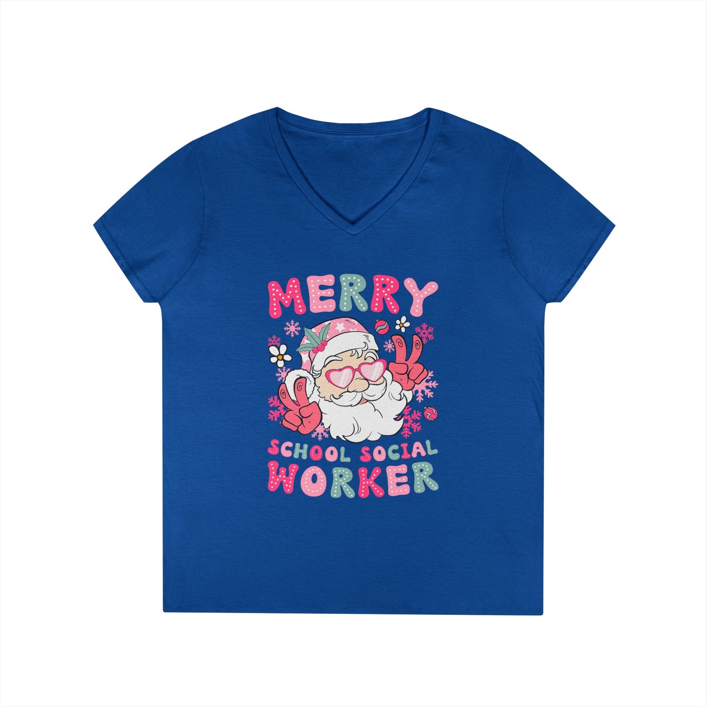 Merry School Social Worker V-Neck Tee — Cute Santa Holiday Shirt for Female Educators