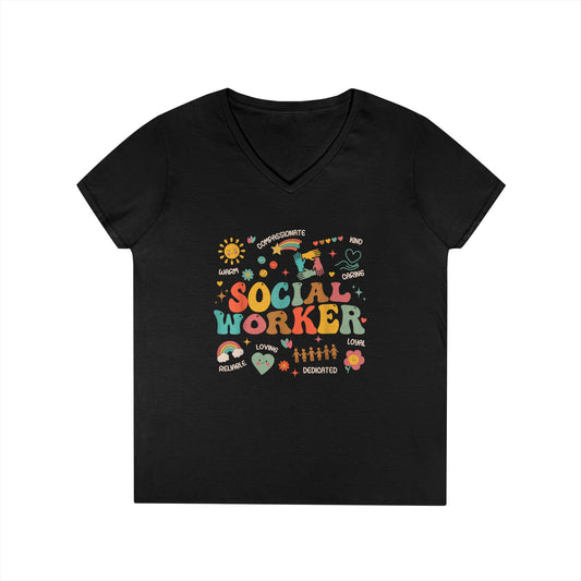 Ladies' V-Neck T-Shirt — Colorful 'October' Retro Fall Graphic Tee - Social Worker
