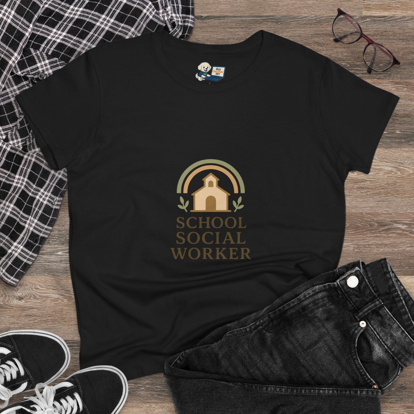 School Social Worker with Earth Tone Logo -Women's Midweight Cotton T-Shirt