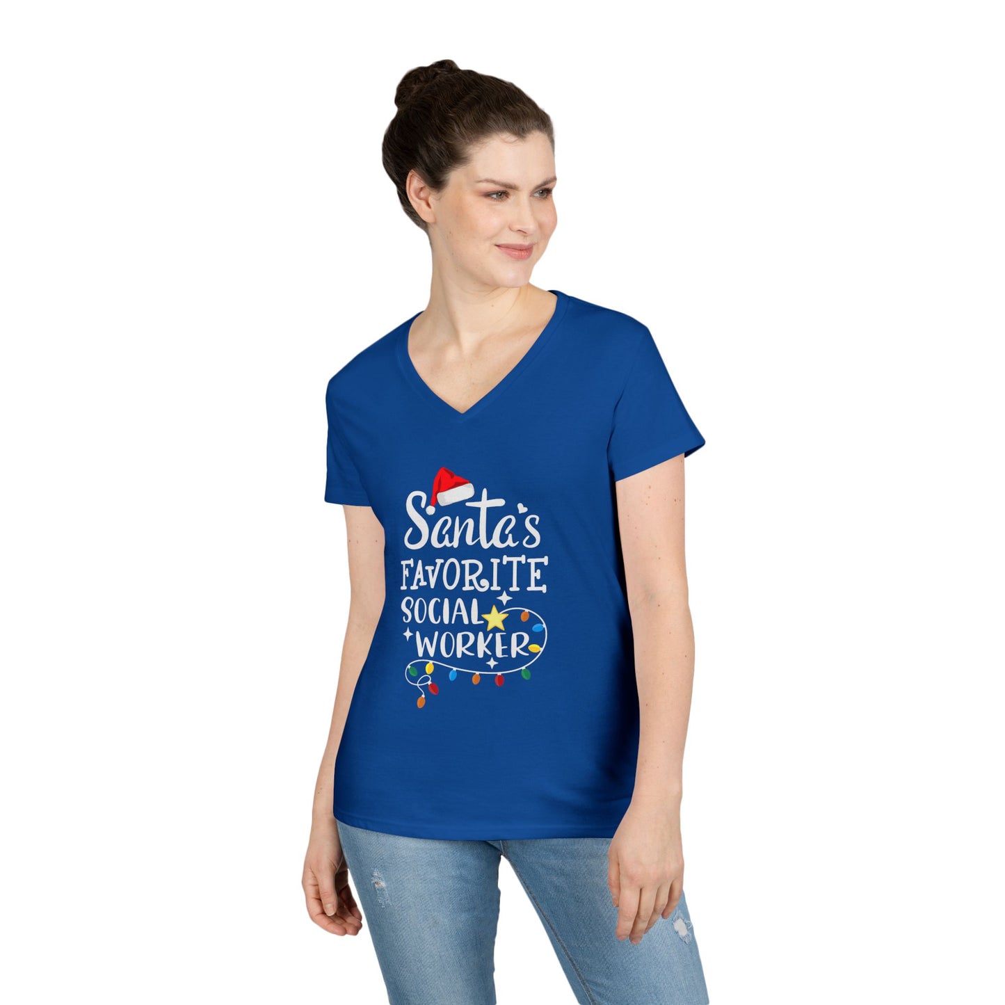 Santa’s Favorite Social Worker V-Neck Tee — Christmas Holiday Gift for Female Social Workers