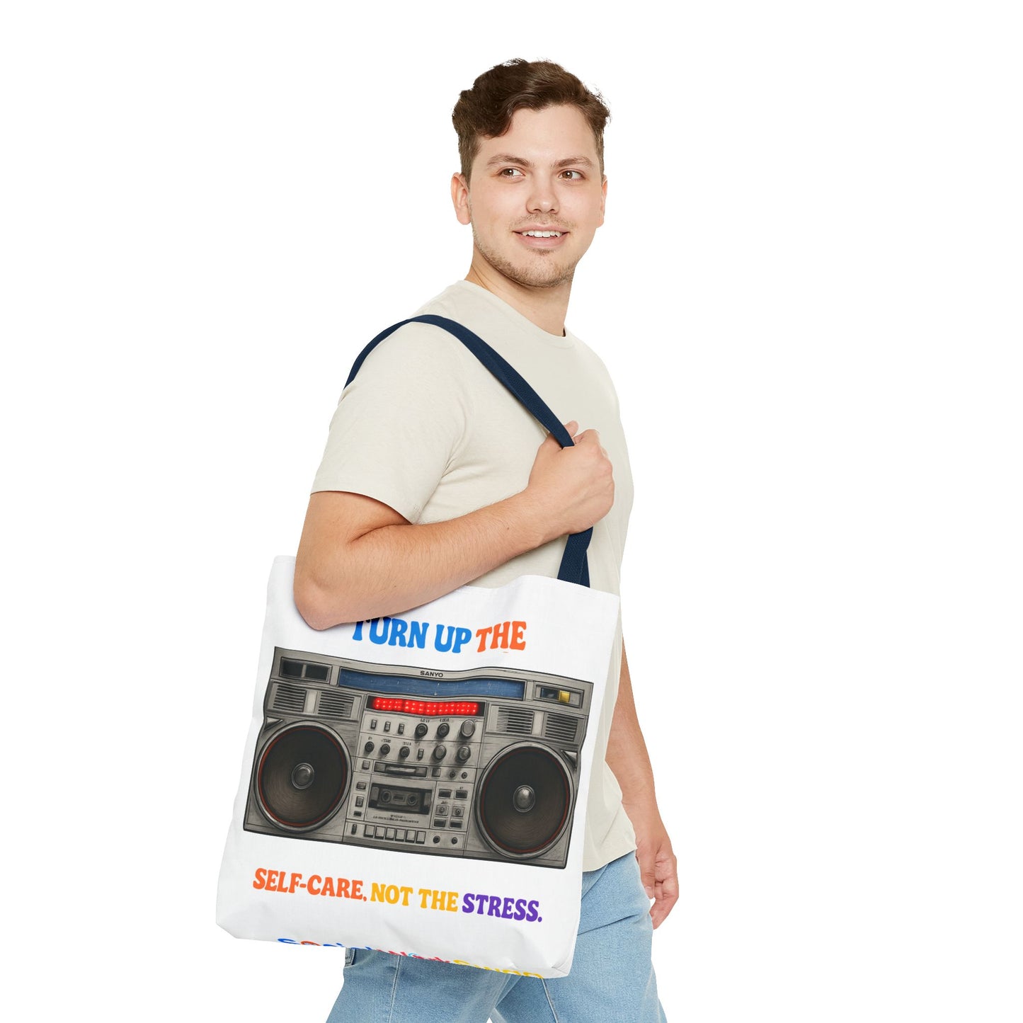 Turn Up the Self-Care Tote Bag — Retro Boombox 'Self-Care, Not the Stress' (Mental Health/Social Worker)