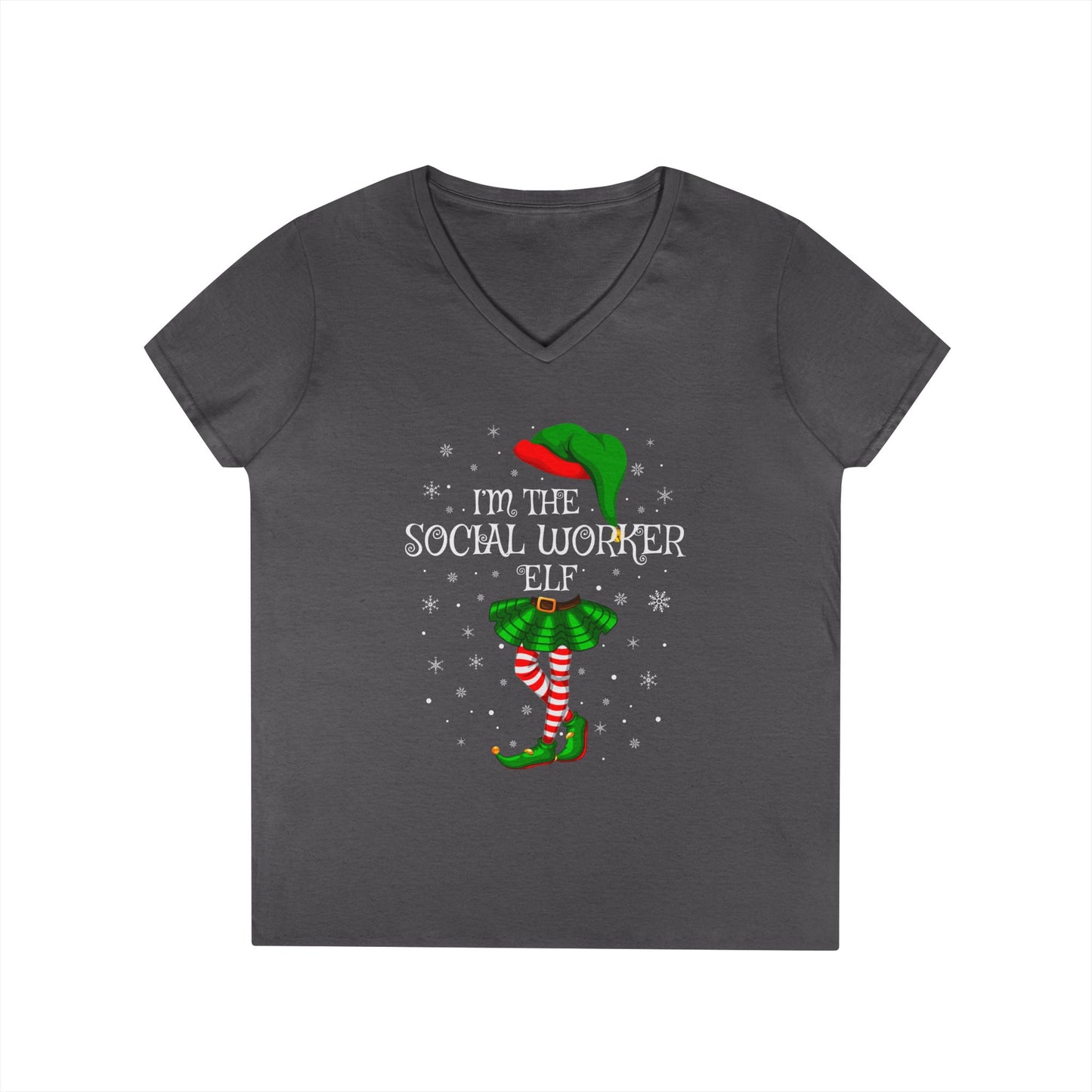 Social Worker Elf V-Neck T-Shirt — Christmas Holiday Tee for Social Workers
