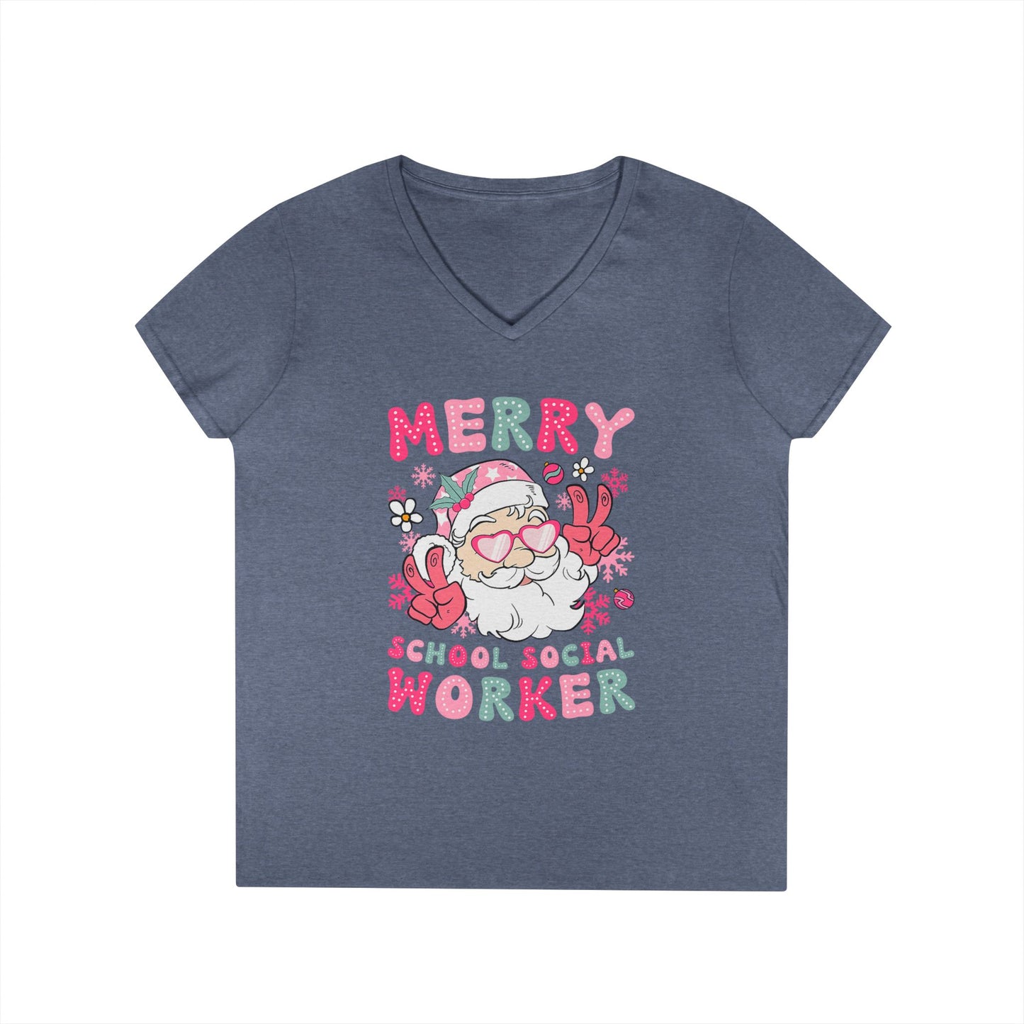 Merry School Social Worker V-Neck Tee — Cute Santa Holiday Shirt for Female Educators