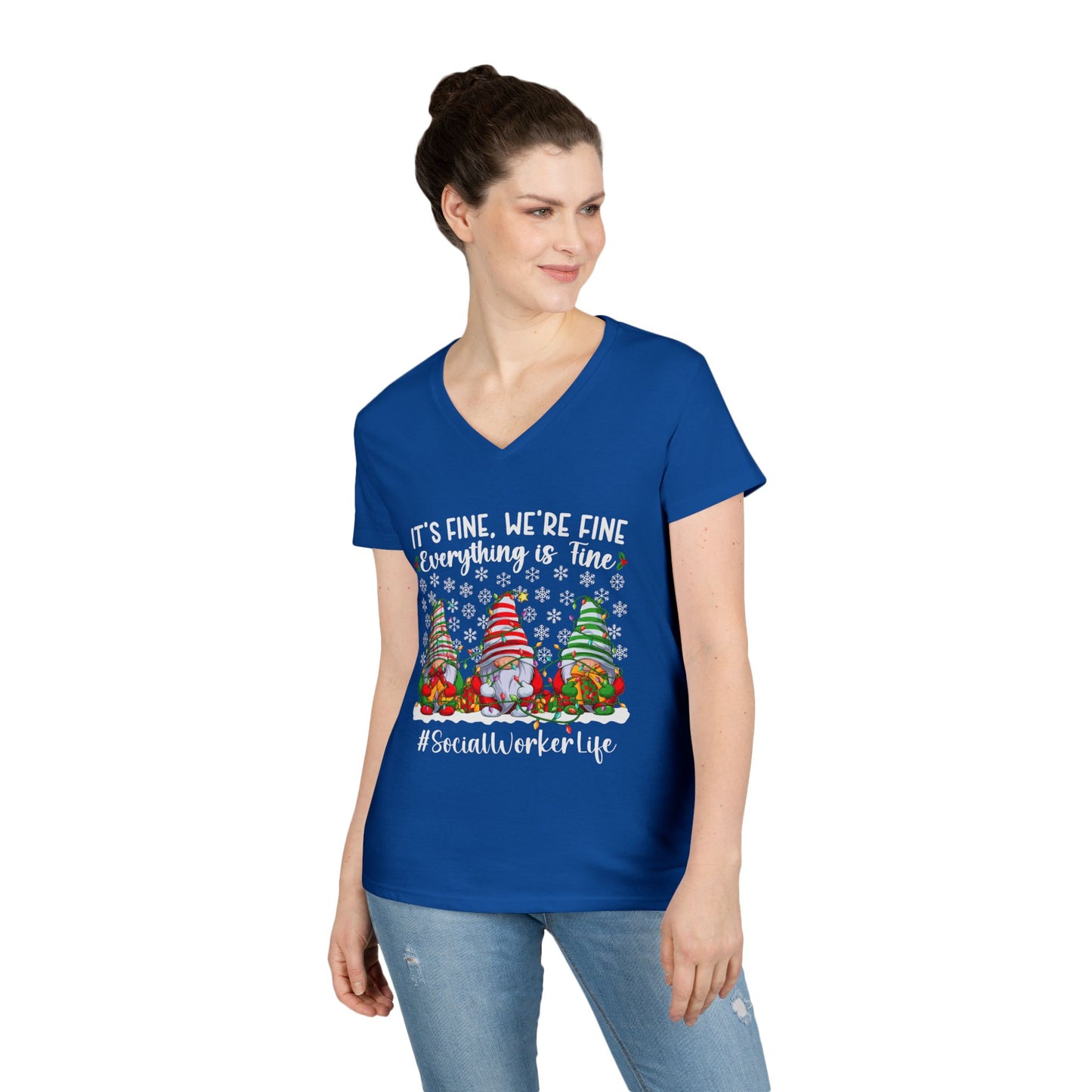 Social Worker Life Christmas V-Neck Tee — "It's Fine, We're Fine" Gnome Holiday Shirt