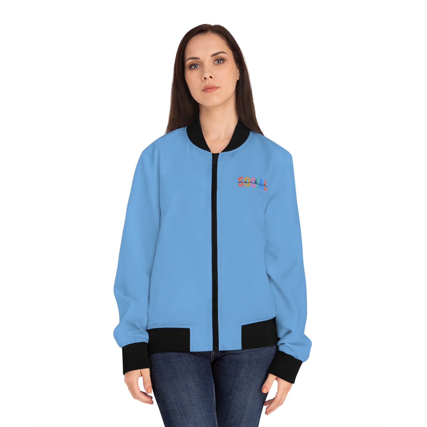 Social Worker Word Cloud Bomber Jacket (Light Blue)