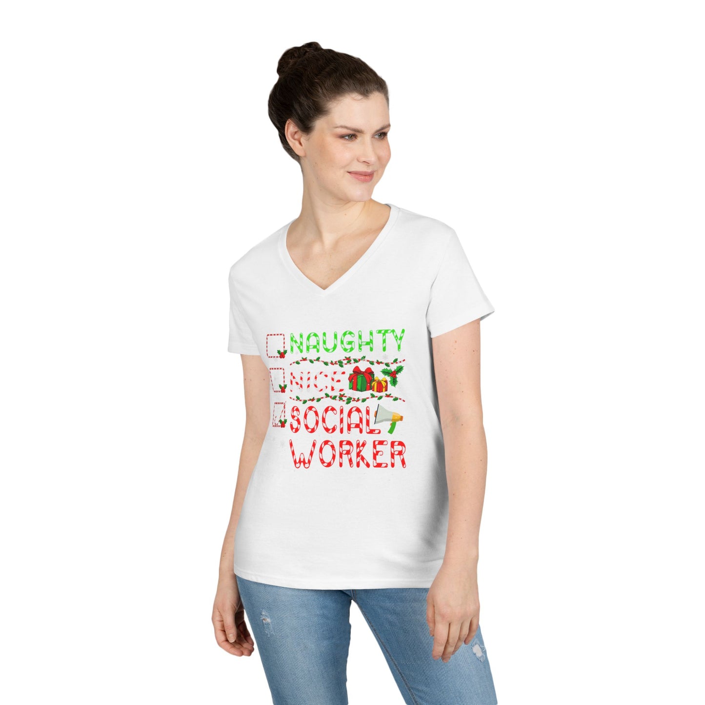 Social Worker Christmas V-Neck T-Shirt — Naughty Nice Social Worker Holiday Tee