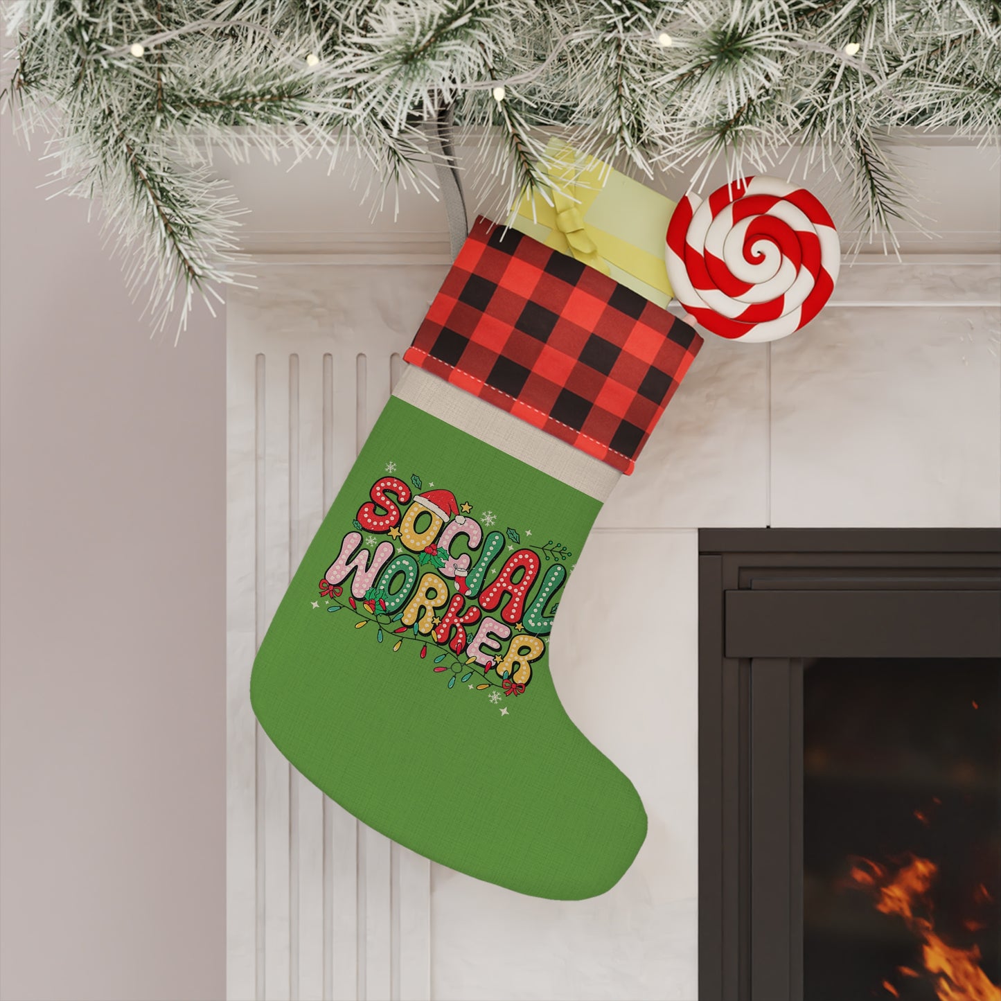 Social Worker Christmas Stocking — Green Buffalo Plaid Holiday Stocking