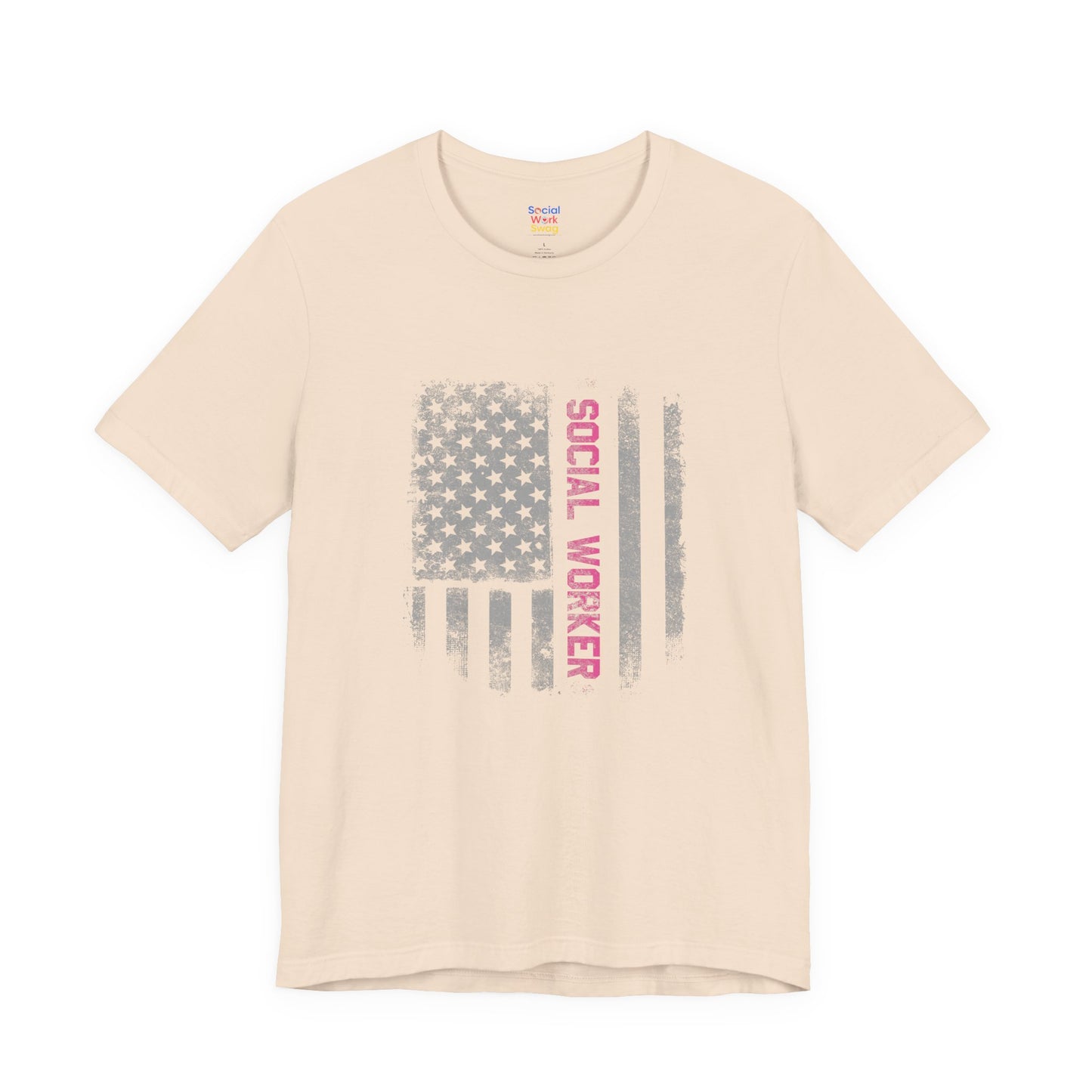 Unisex-Social Worker American Flag T-Shirt — Distressed Gray & Pink Honor Tee